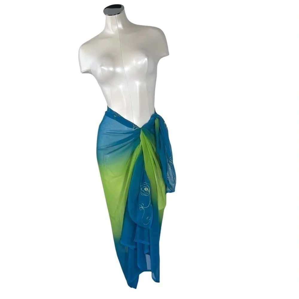 LADY JULIET Blue Green Sheer Sarong Cover-up Wrap Shawl & Travel Bag Sz OS